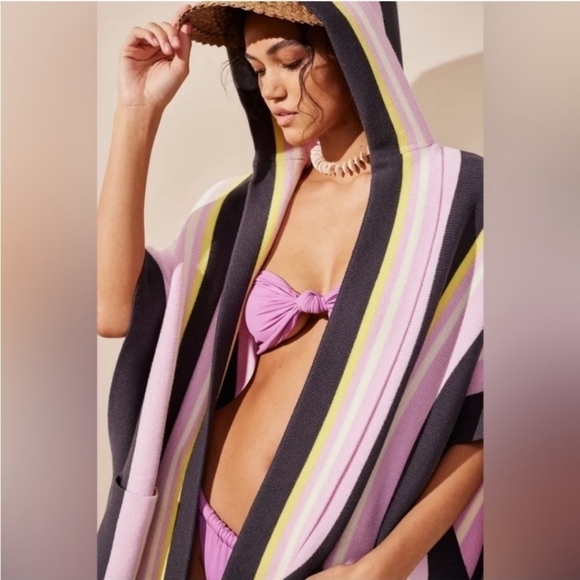 New Free People All I Need Stripe Hooded Poncho Swim Beach Cover-Up One Size - Picture 5 of 14